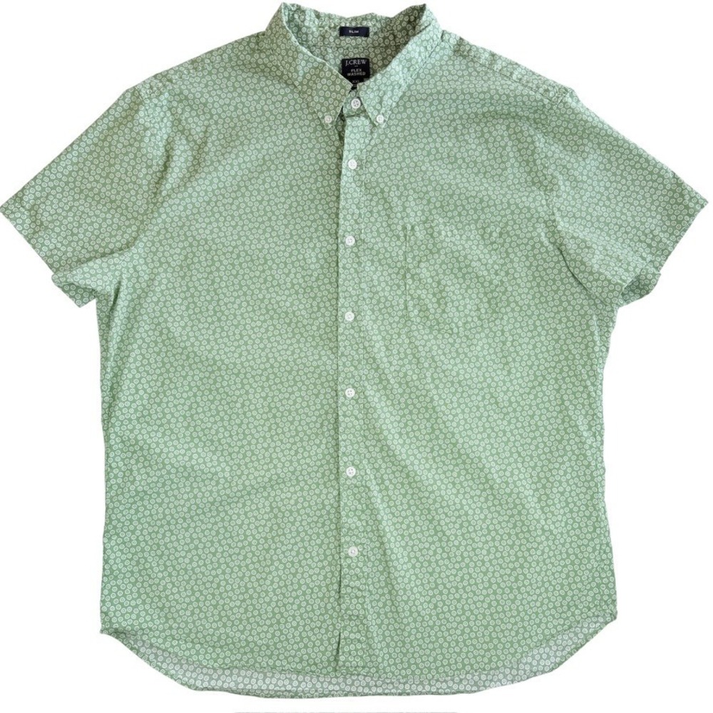J.Crew Button Down Shirt Mens XXL Green Floral Short Sleeve Slim Fit Flex Washed